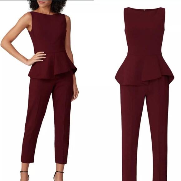 Black Halo Pants - BLACK HALO Merlot Red Kasia Jumpsuit Sleeveless Peplum Cropped Jumpsuit Size 6